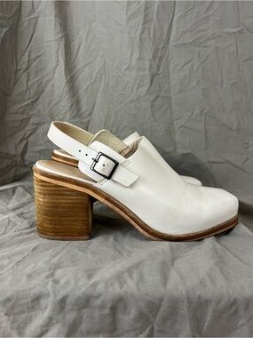 INTENTIONALLY BLANK White Leather Slingback Clog with Stacked Heel